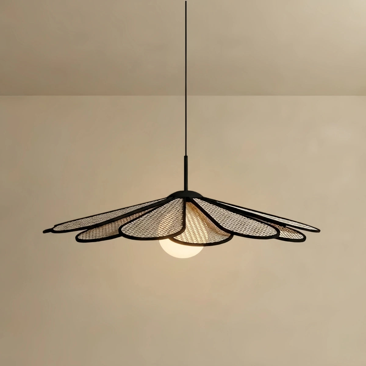 Bamburo Natural Rattan Petal Pendant Light – Black Metal for Living Room