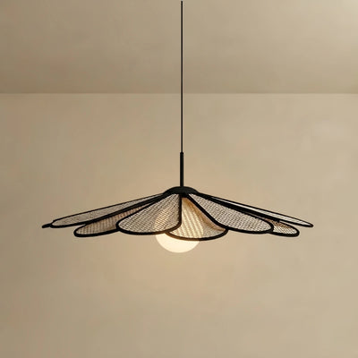 Bamburo Natural Rattan Petal Pendant Light – Black Metal for Living Room