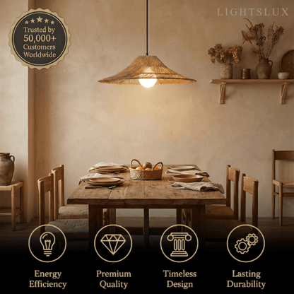 Bamburo Natural Rattan Pendant Light Conical Metal Woven Lamp