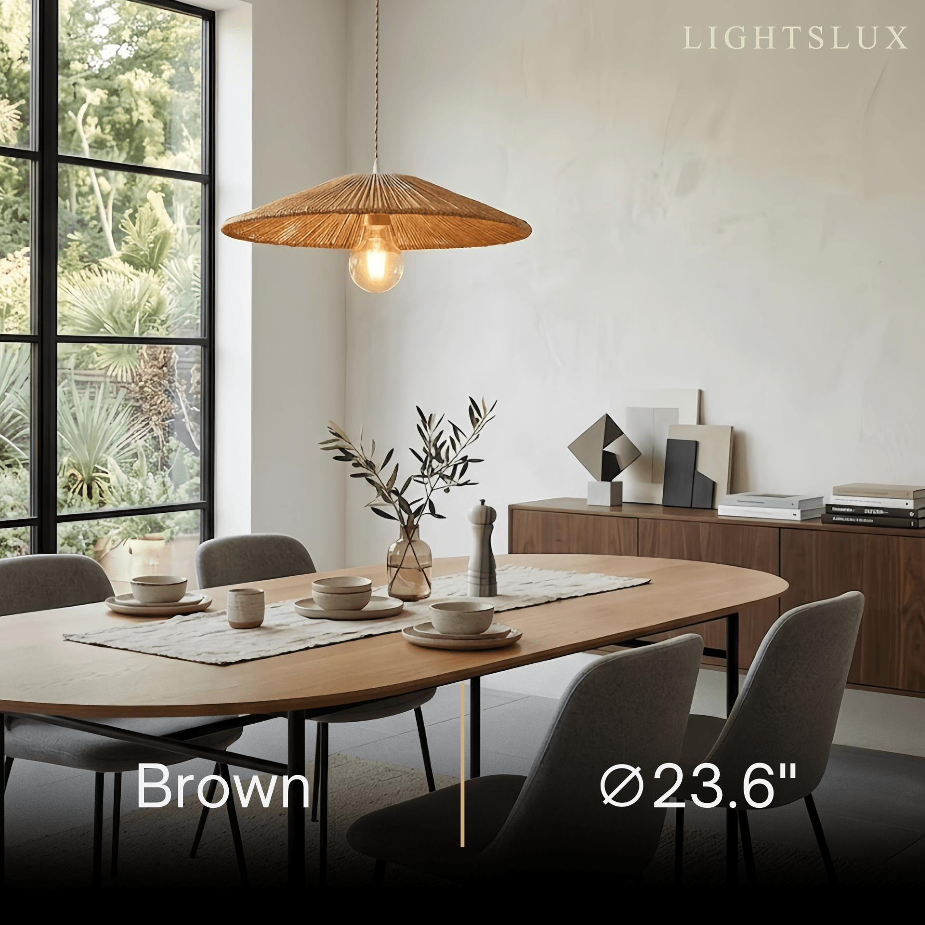 Bamburo Natural Japanese Style Rattan Pendant Light - Brown/Black Hemp Rope for Kitchen, Dining Room & Living Room