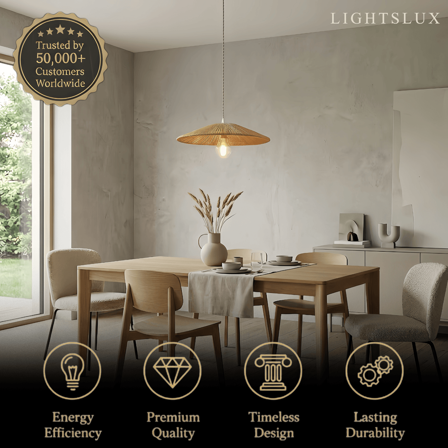 Bamburo Natural Japanese Style Rattan Pendant Light - Brown/Black Hemp Rope for Kitchen, Dining Room & Living Room