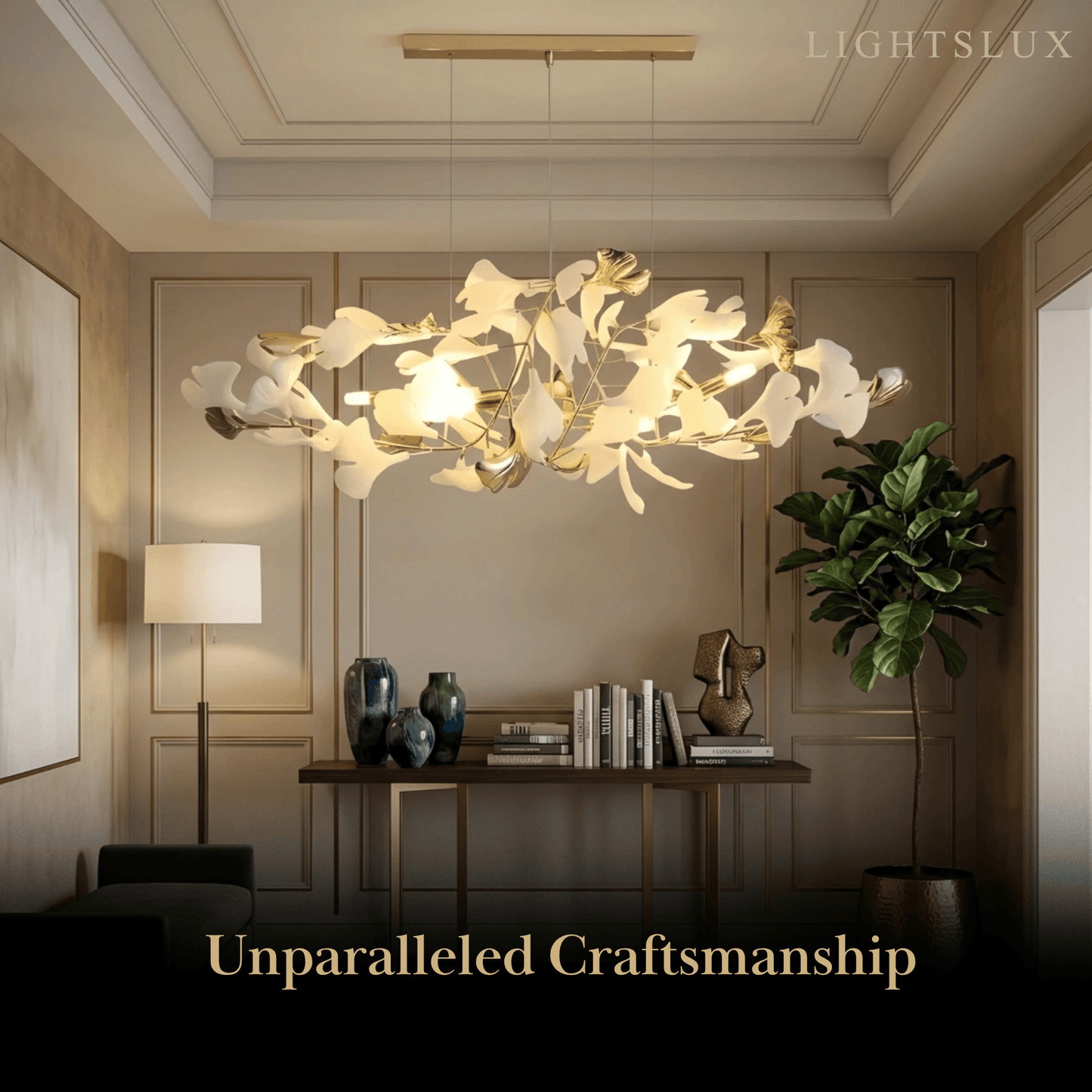 Velora Minimalist Ginkgo Leaf Chandelier -- Iron & Glass for Dining Room