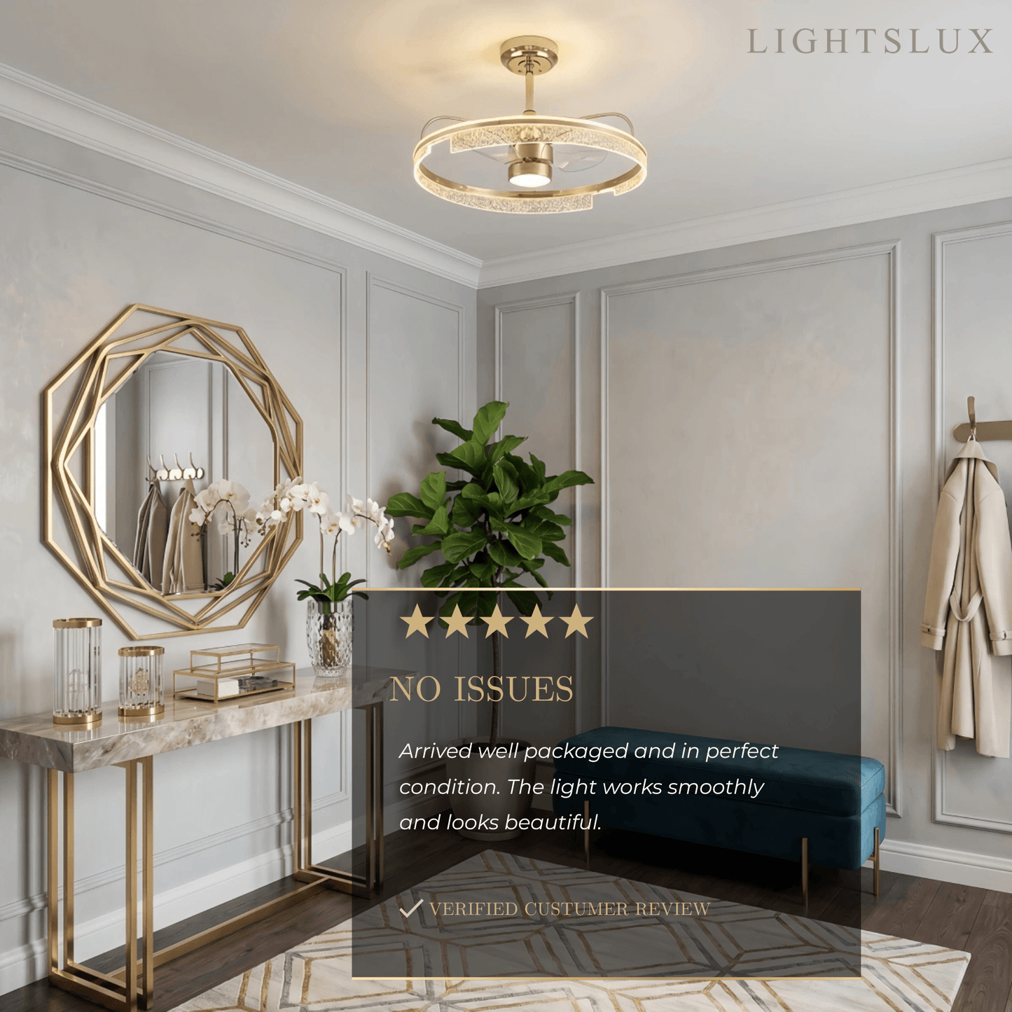 Excelis Luxury Ceiling Fan Lamp with LED -- Gold Aluminum & Acrylic for Living Room Dining Room