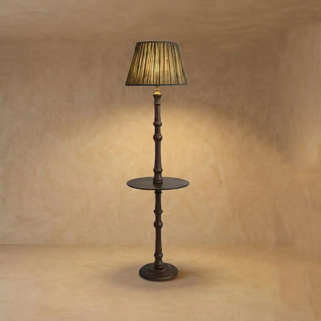 Zenno Vintage Pleated Retro Side Table Floor Lamp -- Wood & Fabric 
