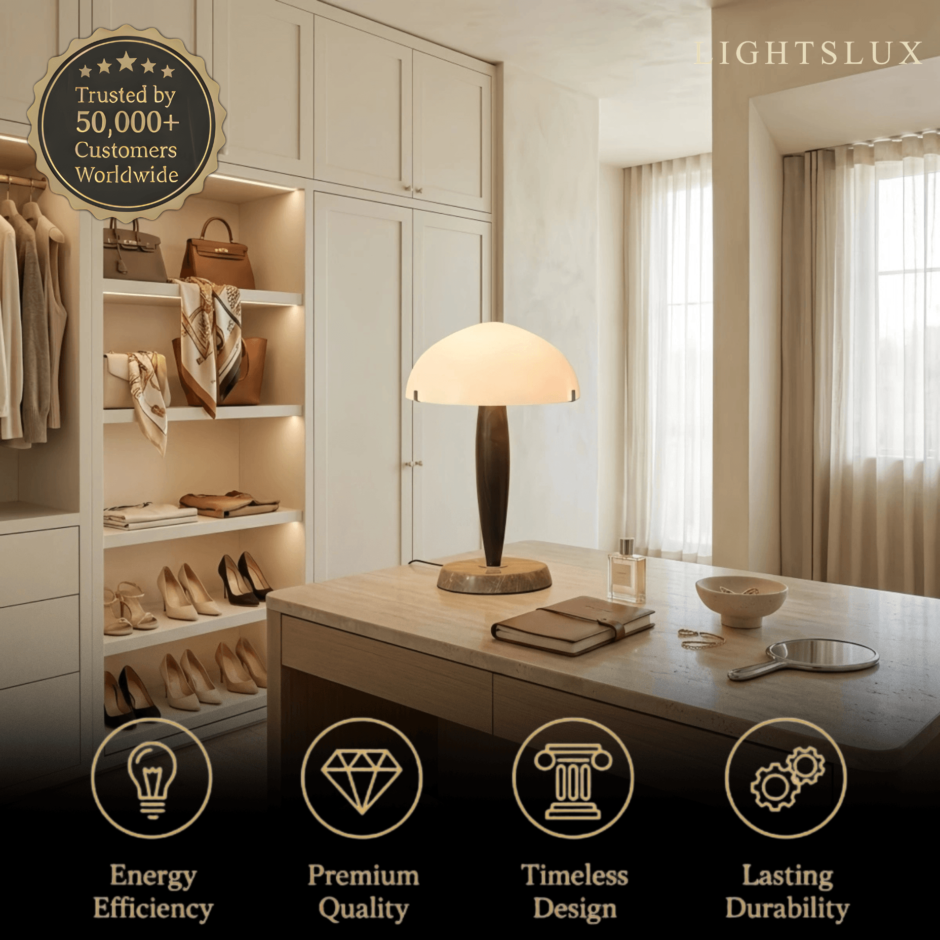 Modern Table Lamp -- Glass & Walnut Wood & Marble for Bedroom