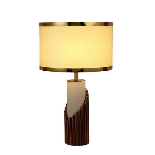 Lunara Royal White & Gold Table Lamp – Cylindrical Metal & Fabric for Bedroom