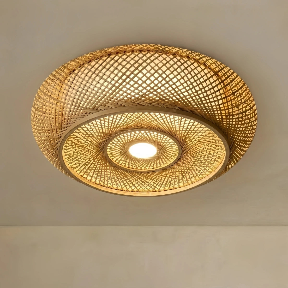 Bamburo Natural Bamboo Ceiling Light — Round Rattan Woven & LED Bedroom