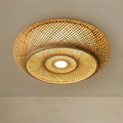 Bamburo Natural Bamboo Ceiling Light — Round Rattan Woven & LED Bedroom