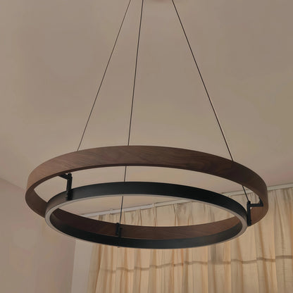 Zenno Modern Farmhouse Chandelier – Wood & Black Acrylic Circular LED for Dining Room