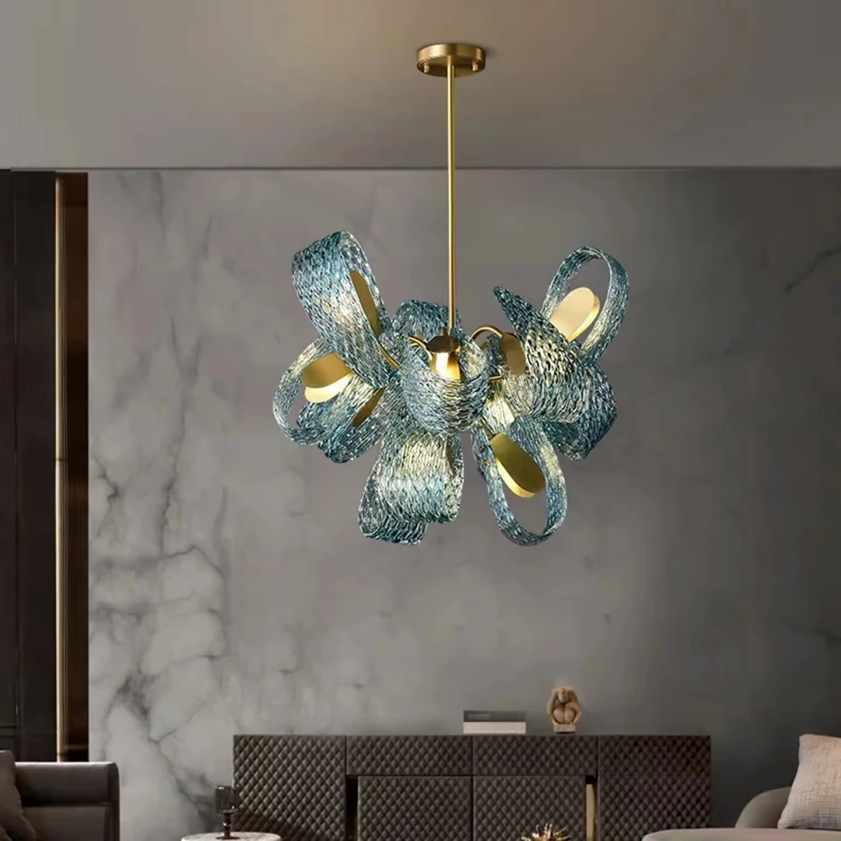 Art Deco Peacock Chandelier – Blue Feather Art Glass Contemporary for Dining Room Bedroom